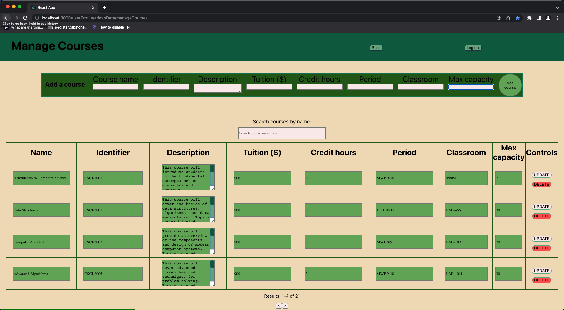 admin manage courses